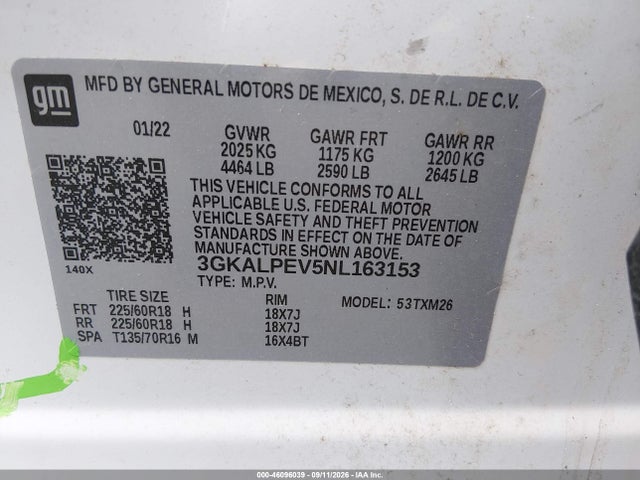 46096039 :رقم المزاد ، 3GKALPEV5NL163153 vin ، 2022 Gmc Terrain Fwd Slt مزاد بيع
