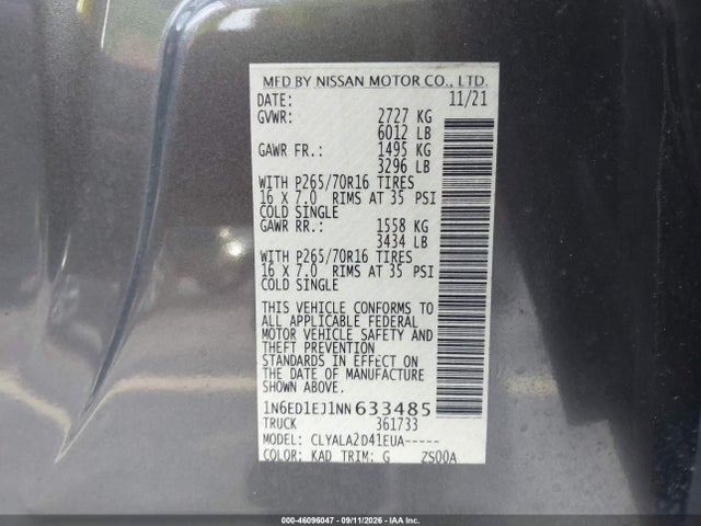 2022 Nissan Frontier S 4x2 მანქანა იყიდება აუქციონზე, vin: 1N6ED1EJ1NN633485, აუქციონის ნომერი: 46096047