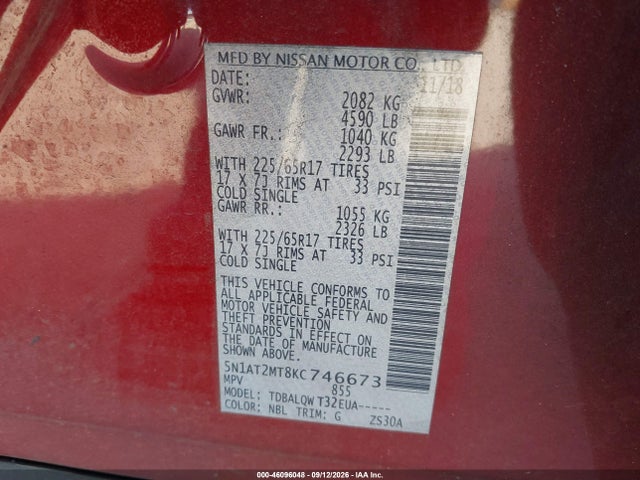 2019 Nissan Rogue Sv მანქანა იყიდება აუქციონზე, vin: 5N1AT2MT8KC746673, აუქციონის ნომერი: 46096048
