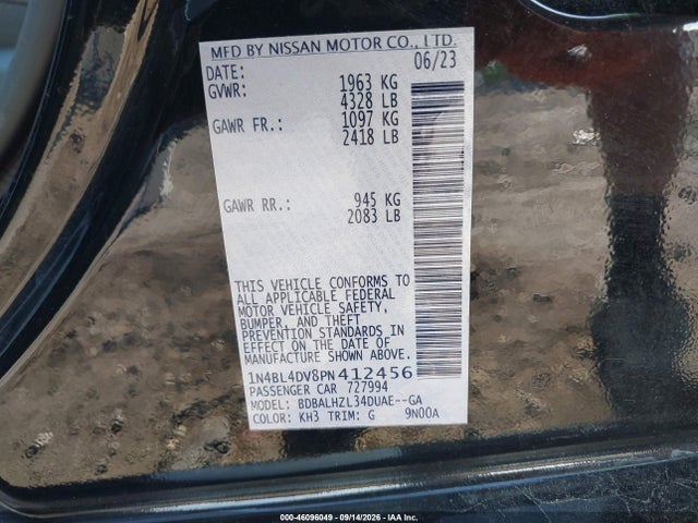Продаж на аукціоні авто 2023 Nissan Altima Sv Fwd, vin: 1N4BL4DV8PN412456, номер лоту: 46096049