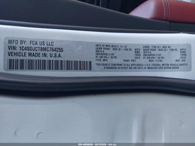 Aukcja sprzedaży 2021 Dodge Durango R/t Awd, vin: 1C4SDJCT8MC764255, numer aukcji: 46096058
