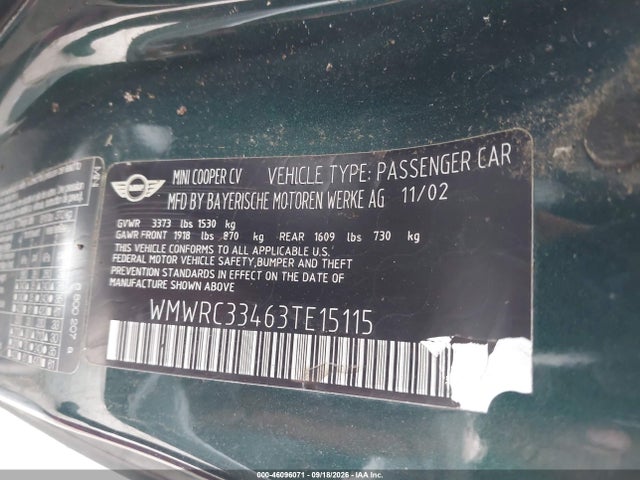 Продаж на аукціоні авто 2003 Mini Cooper, vin: WMWRC33463TE15115, номер лоту: 46096071