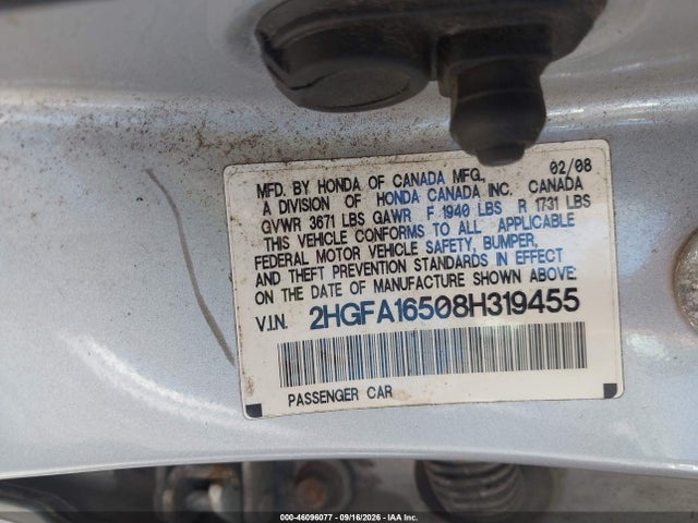 46096077 :رقم المزاد ، 2HGFA16508H319455 vin ، 2008 Honda Civic Lx مزاد بيع