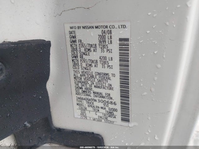 2009 Nissan Titan Xe მანქანა იყიდება აუქციონზე, vin: 1N6BA06A99N300686, აუქციონის ნომერი: 46096079