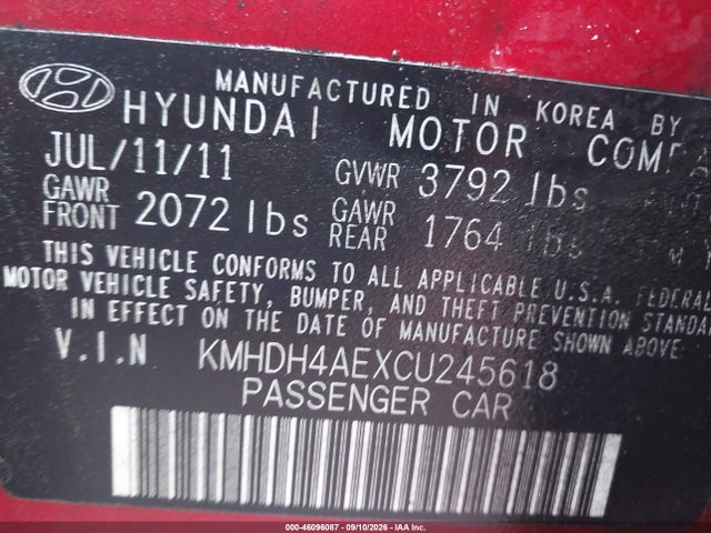 Продажа на аукционе авто 2012 Hyundai Elantra Gls (ulsan Plant), vin: KMHDH4AEXCU245618, номер лота: 46096087