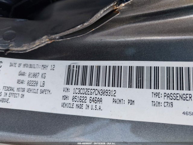 Продажа на аукционе авто 2012 Dodge Avenger Sxt Plus, vin: 1C3CDZEG7CN309312, номер лота: 46096097