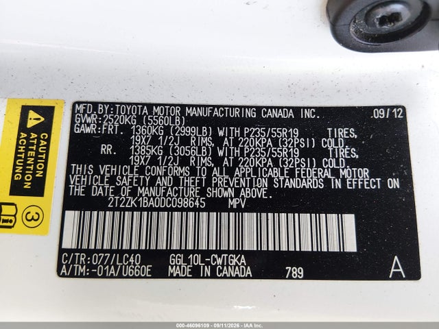 46096109 :رقم المزاد ، 2T2ZK1BA0DC098645 vin ، 2013 Lexus Rx 350 مزاد بيع