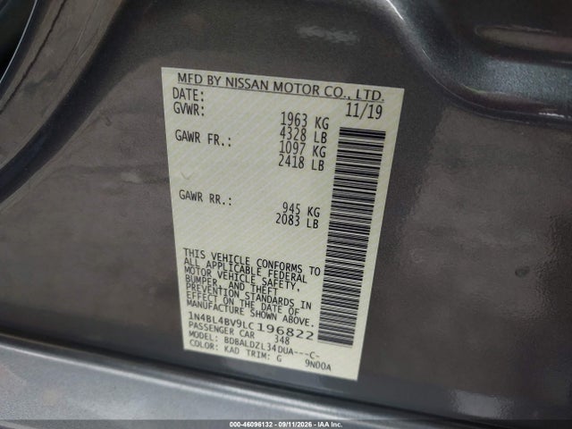 46096132 :رقم المزاد ، 1N4BL4BV9LC196822 vin ، 2020 Nissan Altima S Fwd مزاد بيع