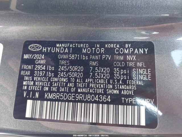 46096134 :رقم المزاد ، KM8R5DGE9RU804364 vin ، 2024 Hyundai Palisade Limited مزاد بيع