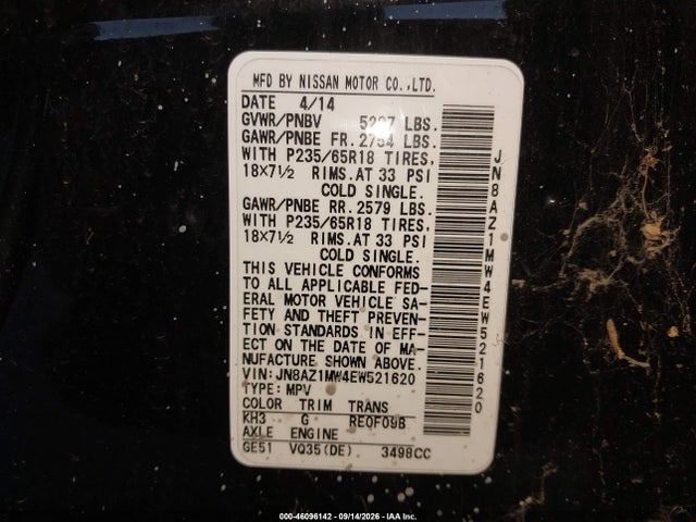 Продаж на аукціоні авто 2014 Nissan Murano Le/s/sl/sv, vin: JN8AZ1MW4EW521620, номер лоту: 46096142
