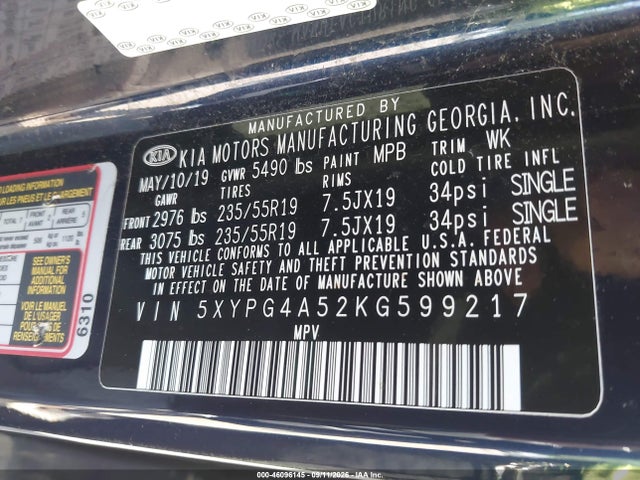 2019 Kia Sorento 3.3l S მანქანა იყიდება აუქციონზე, vin: 5XYPG4A52KG599217, აუქციონის ნომერი: 46096145