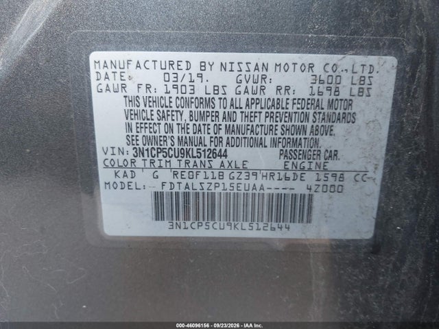 Aukcja sprzedaży 2019 Nissan Kicks Sv, vin: 3N1CP5CU9KL512644, numer aukcji: 46096156