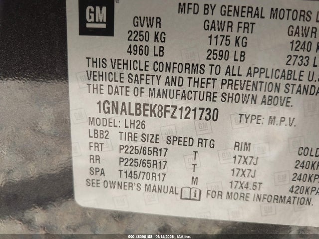 2015 Chevrolet Equinox 1lt მანქანა იყიდება აუქციონზე, vin: 1GNALBEK8FZ121730, აუქციონის ნომერი: 46096158