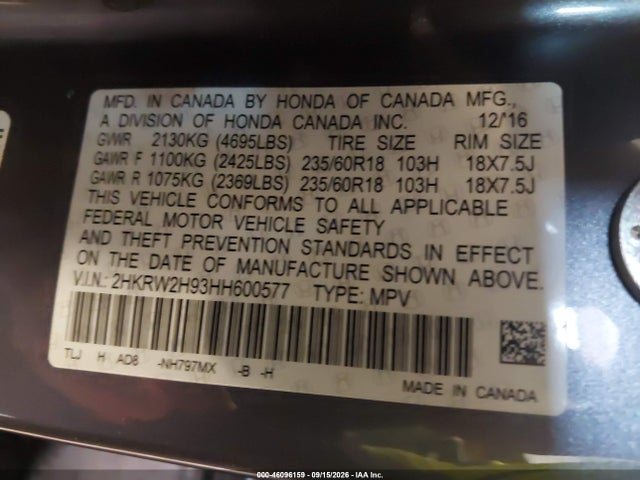 Продажа на аукционе авто 2017 Honda Cr-v Touring, vin: 2HKRW2H93HH600577, номер лота: 46096159