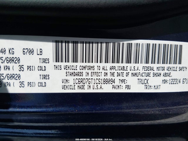 Aukcja sprzedaży 2012 Ram 1500 Big Horn, vin: 1C6RD7GT1CS188094, numer aukcji: 46096166