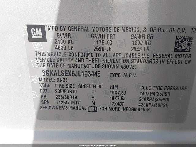 46096176 :رقم المزاد ، 3GKALSEX5JL193445 vin ، 2018 Gmc Terrain Denali مزاد بيع