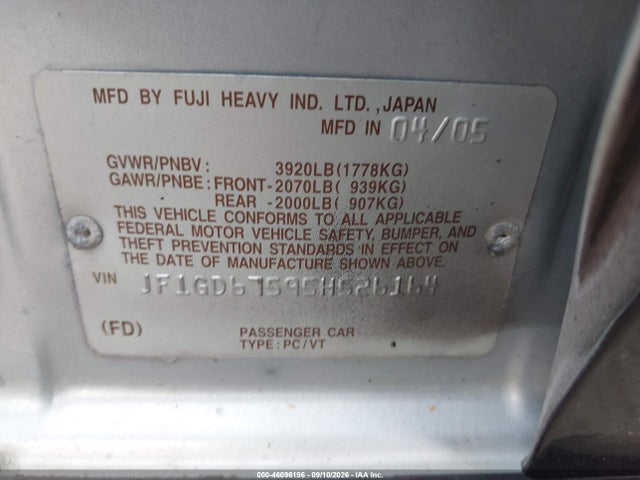 Продаж на аукціоні авто 2005 Subaru Impreza 2.5rs, vin: JF1GD67595H526164, номер лоту: 46096196
