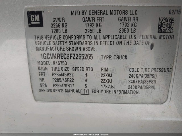 Продаж на аукціоні авто 2015 Chevrolet Silverado 1500 1lt, vin: 1GCVKREC5FZ265265, номер лоту: 46096206