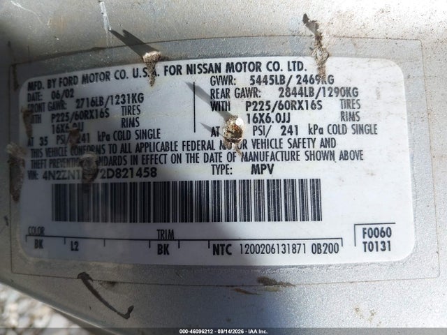 2002 Nissan Quest Se მანქანა იყიდება აუქციონზე, vin: 4N2ZN16T72D821458, აუქციონის ნომერი: 46096212