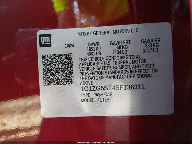 46096222 :رقم المزاد ، 1G1ZG5ST4SF136311 vin ، 2025 Chevrolet Malibu Fwd Rs مزاد بيع
