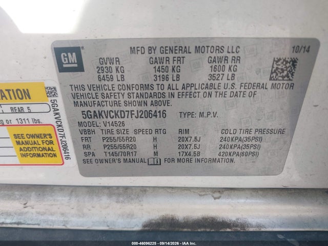 46096225 :رقم المزاد ، 5GAKVCKD7FJ206416 vin ، 2015 Buick Enclave Premium مزاد بيع