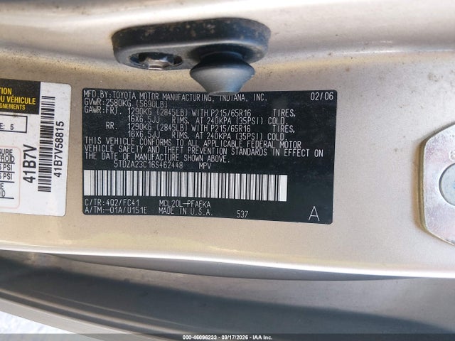 Aukcja sprzedaży 2006 Toyota Sienna Le, vin: 5TDZA23C16S462448, numer aukcji: 46096233