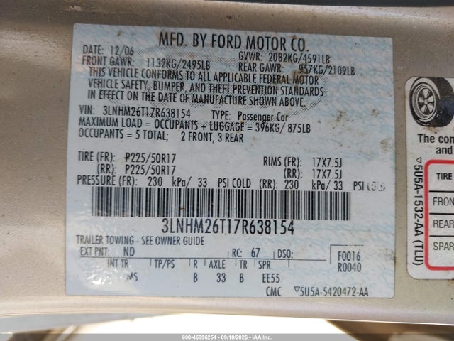Aukcja sprzedaży 2007 Lincoln Mkz, vin: 3LNHM26T17R638154, numer aukcji: 46096254