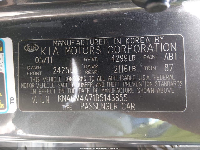 46096256 :رقم المزاد ، KNAGM4A71B5143855 vin ، 2011 Kia Optima Lx مزاد بيع