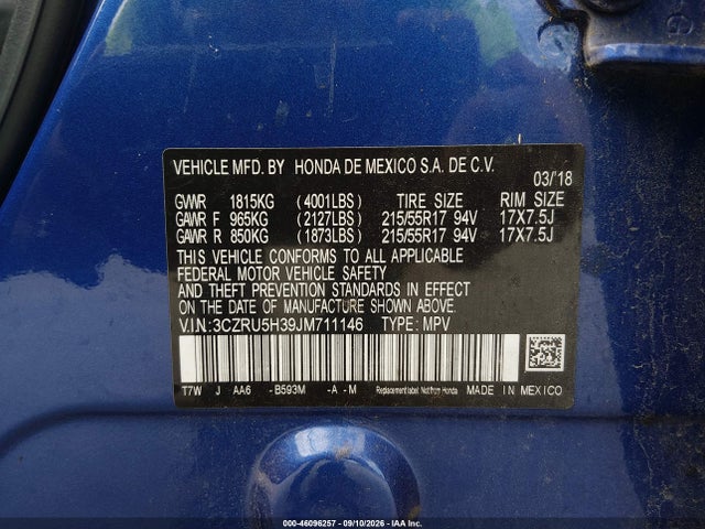 46096257 :رقم المزاد ، 3CZRU5H39JM711146 vin ، 2018 Honda Hr-v Lx مزاد بيع