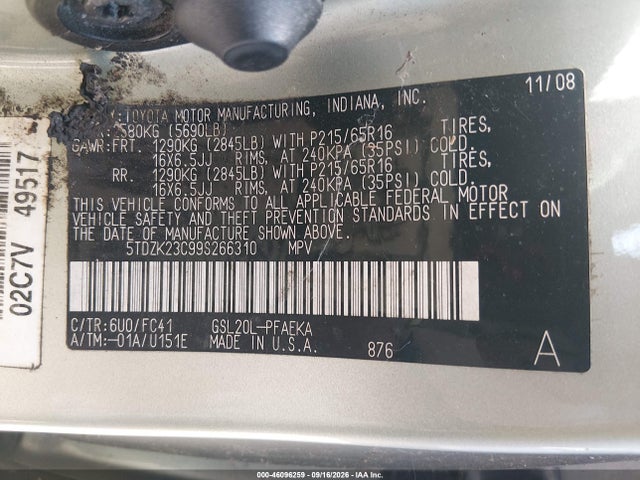46096259 :رقم المزاد ، 5TDZK23C99S266310 vin ، 2009 Toyota Sienna Le مزاد بيع