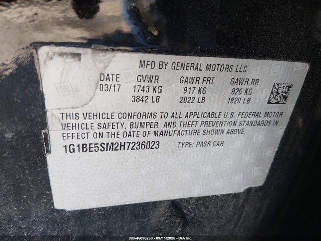 2017 Chevrolet Cruze Lt Auto მანქანა იყიდება აუქციონზე, vin: 1G1BE5SM2H7236023, აუქციონის ნომერი: 46096260
