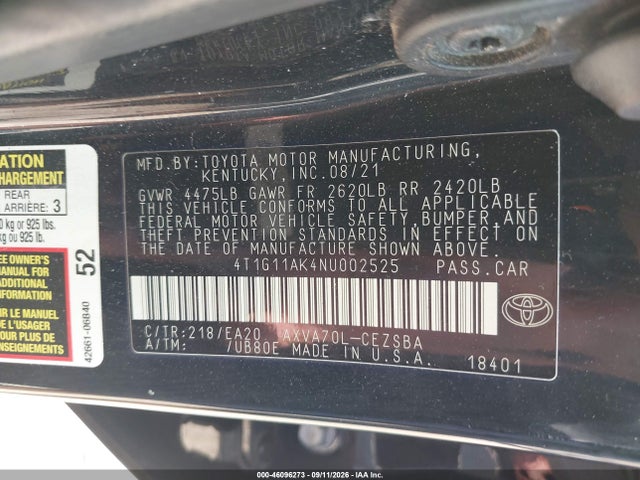 Продажа на аукционе авто 2022 Toyota Camry Se, vin: 4T1G11AK4NU002525, номер лота: 46096273