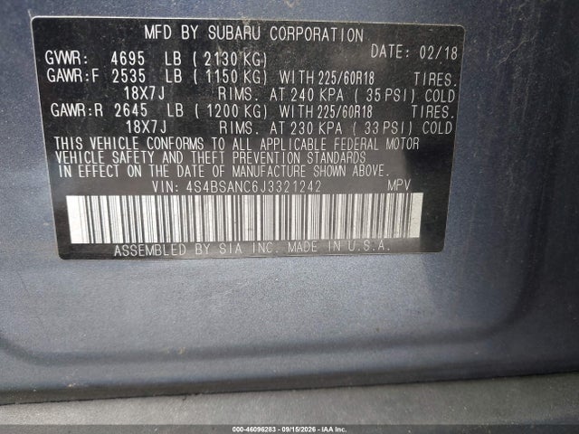 46096283 :رقم المزاد ، 4S4BSANC6J3321242 vin ، 2018 Subaru Outback 2.5i Limited مزاد بيع