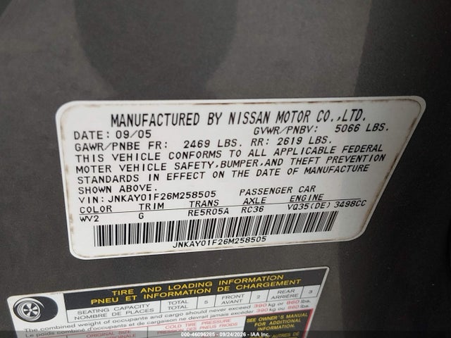 Продажа на аукционе авто 2006 Infiniti M35x, vin: JNKAY01F26M258505, номер лота: 46096285
