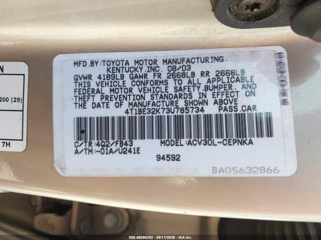 Продажа на аукционе авто 2003 Toyota Camry Le, vin: 4T1BE32K73U785734, номер лота: 46096292