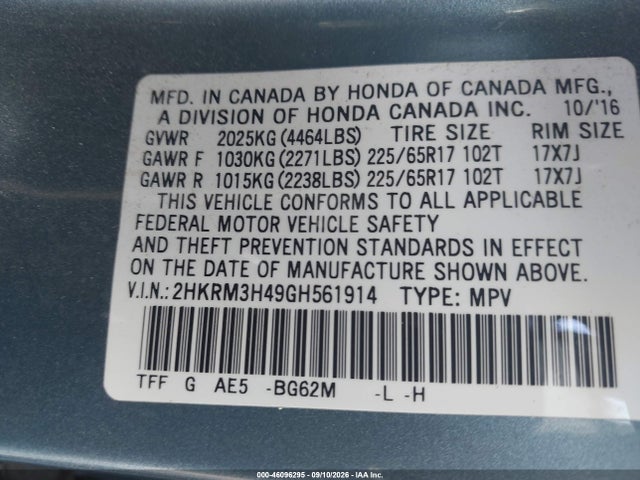 Aukcja sprzedaży 2016 Honda Cr-v Se, vin: 2HKRM3H49GH561914, numer aukcji: 46096295