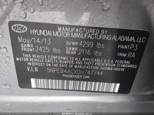 46096311 :رقم المزاد ، 5NPEB4ACXDH747744 vin ، 2013 Hyundai Sonata Gls مزاد بيع
