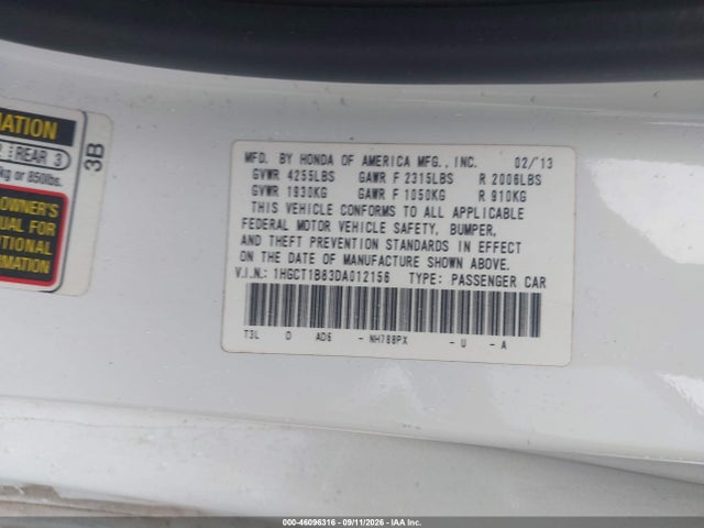 2013 Honda Accord Ex-l მანქანა იყიდება აუქციონზე, vin: 1HGCT1B83DA012156, აუქციონის ნომერი: 46096316