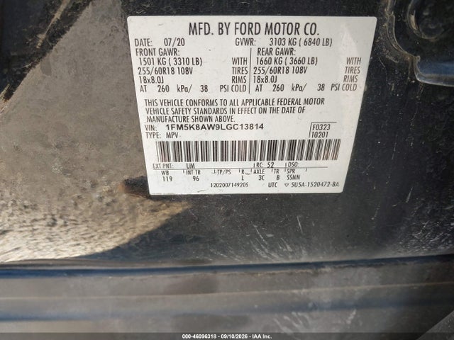 46096318 :رقم المزاد ، 1FM5K8AW9LGC13814 vin ، 2020 Ford Police Interceptor Utility مزاد بيع