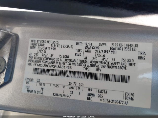 Aukcja sprzedaży 2015 Ford Escape Se, vin: 1FMCU9G9XFUA81466, numer aukcji: 46096320