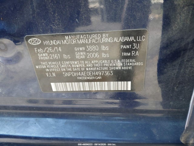 Продаж на аукціоні авто 2014 Hyundai Elantra Se, vin: 5NPDH4AE0EH497363, номер лоту: 46096323