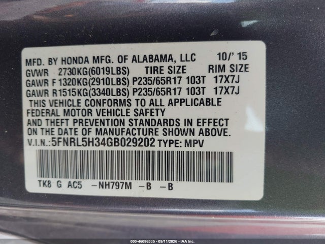 Aukcja sprzedaży 2016 Honda Odyssey Se, vin: 5FNRL5H34GB029202, numer aukcji: 46096335