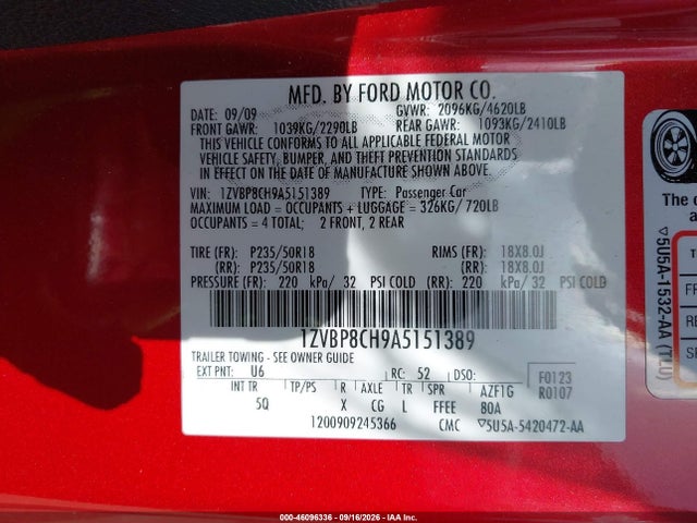 2010 Ford Mustang Gt Premium მანქანა იყიდება აუქციონზე, vin: 1ZVBP8CH9A5151389, აუქციონის ნომერი: 46096336