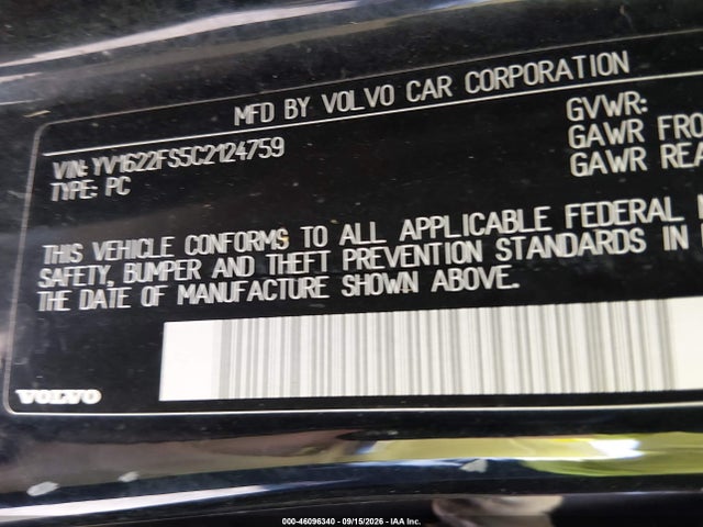 Aukcja sprzedaży 2012 Volvo S60 T5, vin: YV1622FS5C2124759, numer aukcji: 46096340