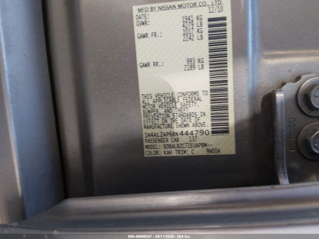 2011 Nissan Altima 2.5 S მანქანა იყიდება აუქციონზე, vin: 1N4AL2AP6BN444790, აუქციონის ნომერი: 46096347