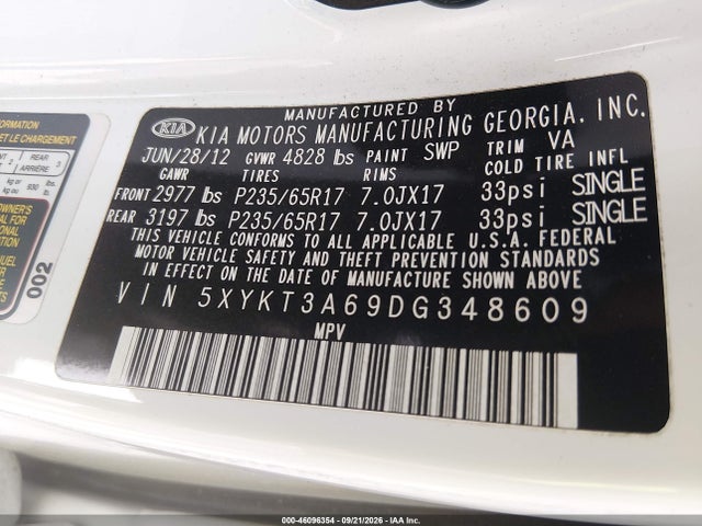 Aukcja sprzedaży 2013 Kia Sorento Lx, vin: 5XYKT3A69DG348609, numer aukcji: 46096354