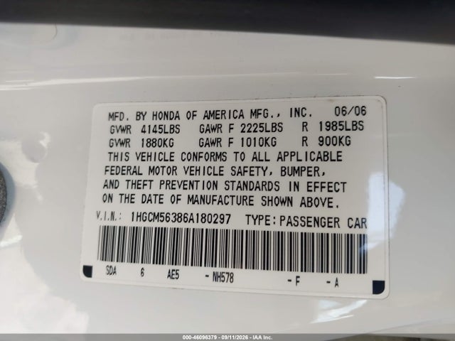 Продаж на аукціоні авто 2006 Honda Accord 2.4 Se, vin: 1HGCM56386A180297, номер лоту: 46096379