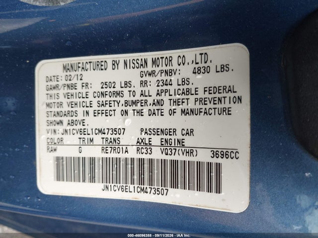 Продажа на аукционе авто 2012 Infiniti G37x, vin: JN1CV6EL1CM473507, номер лота: 46096388
