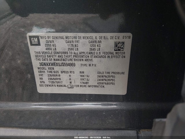 46096393 :رقم المزاد ، 3GNAXWEX0JS594969 vin ، 2018 Chevrolet Equinox Premier مزاد بيع