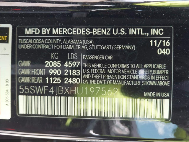 2017 Mercedes-benz C 300 მანქანა იყიდება აუქციონზე, vin: 55SWF4JBXHU197562, აუქციონის ნომერი: 46096413
